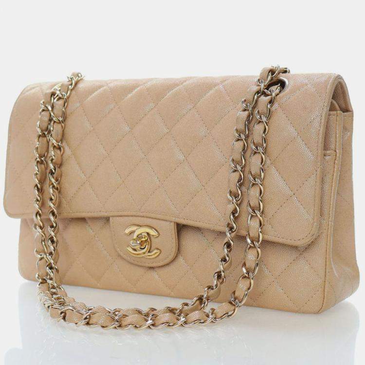 Pre Owned Chanel Medium Iridescent Beige Caviar Classic Double Flap Bag
