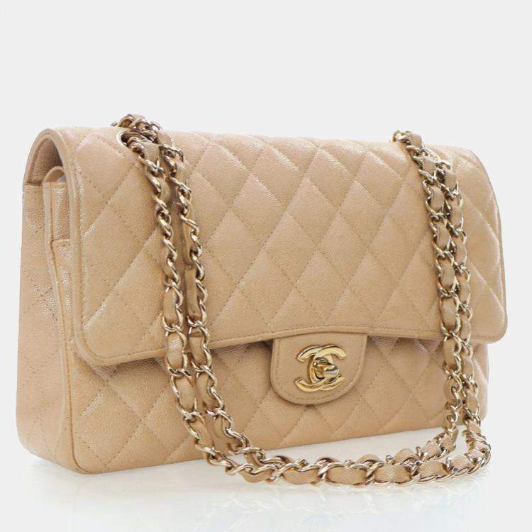 Pre Owned Chanel Medium Iridescent Beige Caviar Classic Double Flap Bag