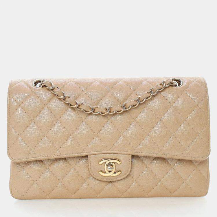 Pre Owned Chanel Medium Iridescent Beige Caviar Classic Double Flap Bag