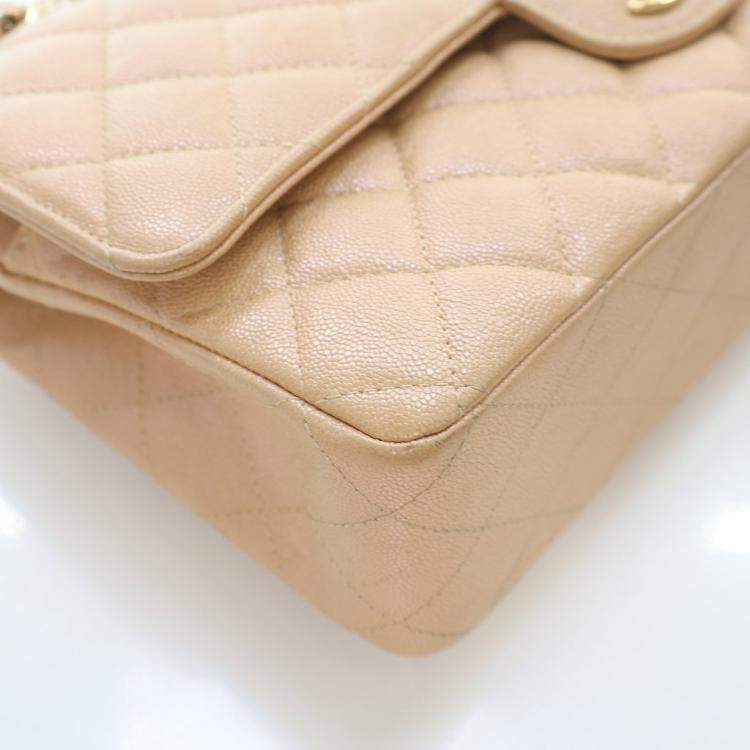 Pre Owned Chanel Medium Iridescent Beige Caviar Classic Double Flap Bag