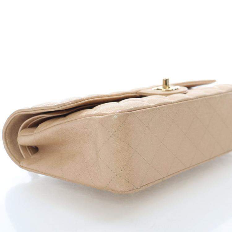 Pre Owned Chanel Medium Iridescent Beige Caviar Classic Double Flap Bag