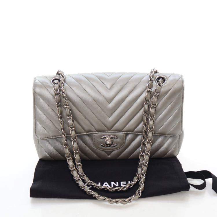 Pre Owned Chanel Medium Caviar Chevron Classic Double Flap Bag
