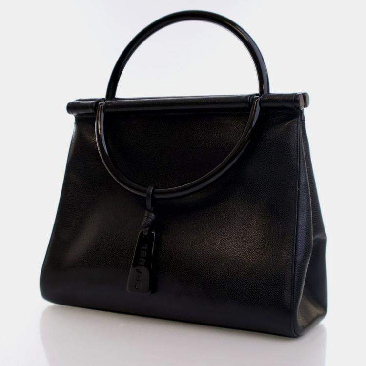 Pre Owned Chanel Vintage Medium Black Caviar Resin Top Handle Bag