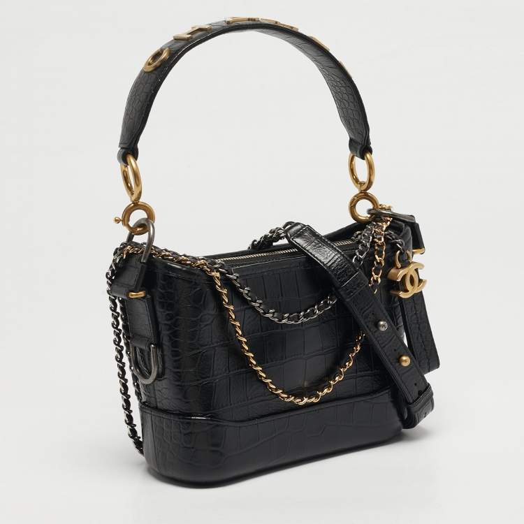 Pre Owned Chanel Gabrielle Small Black Croc Embossed Leather Bucket Bag