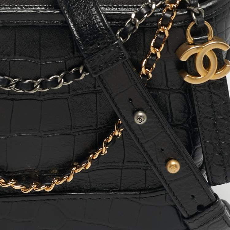 Pre Owned Chanel Gabrielle Small Black Croc Embossed Leather Bucket Bag