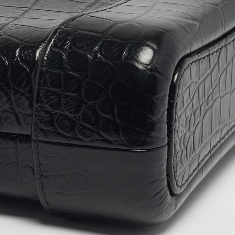 Pre Owned Chanel Gabrielle Small Black Croc Embossed Leather Bucket Bag