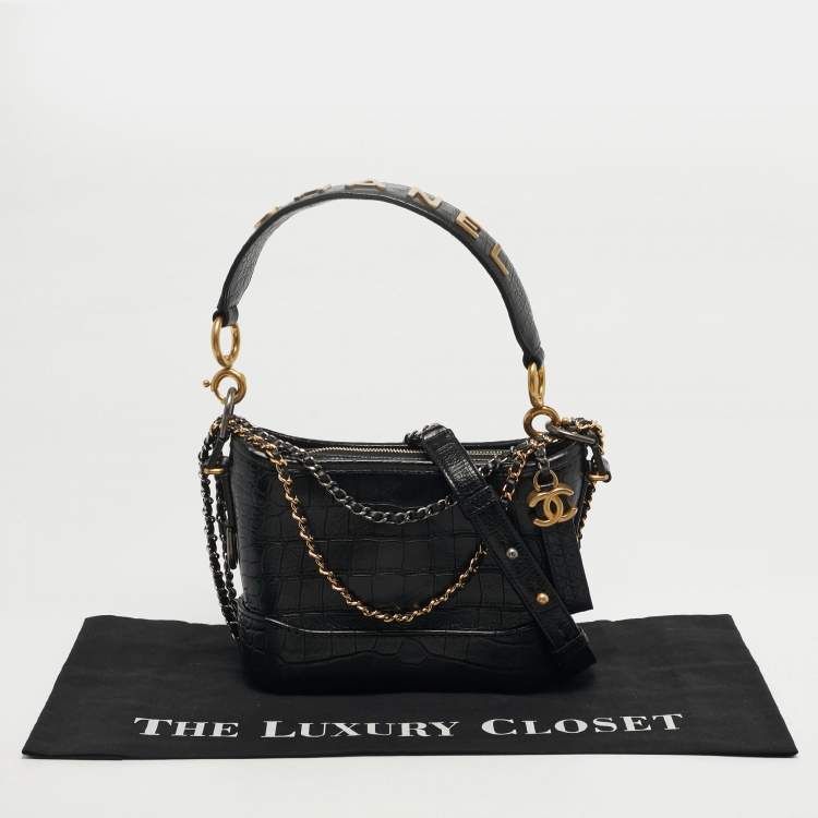 Pre Owned Chanel Gabrielle Small Black Croc Embossed Leather Bucket Bag