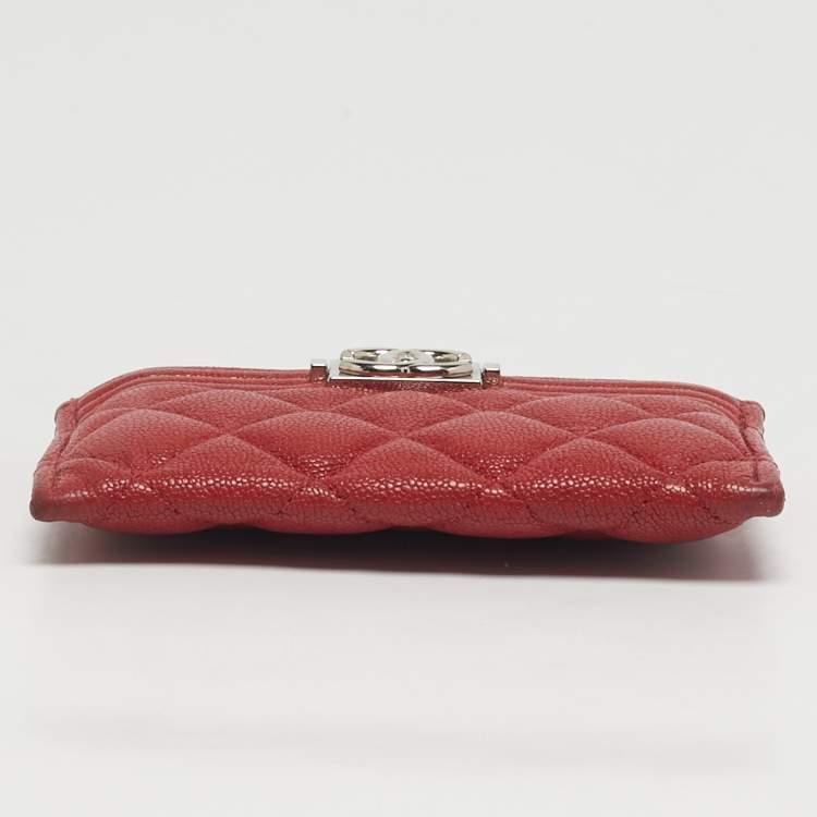 Pre Owned Chanel Boy Red Caviar Quilted Leather Card Holder
