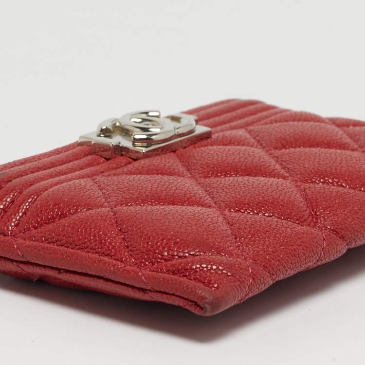 Pre Owned Chanel Boy Red Caviar Quilted Leather Card Holder