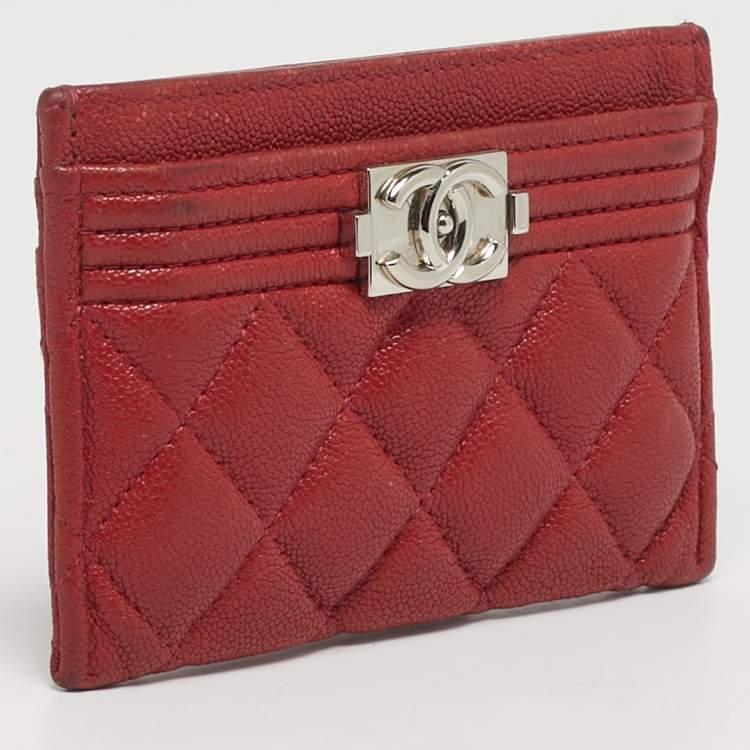 Pre Owned Chanel Boy Red Caviar Quilted Leather Card Holder