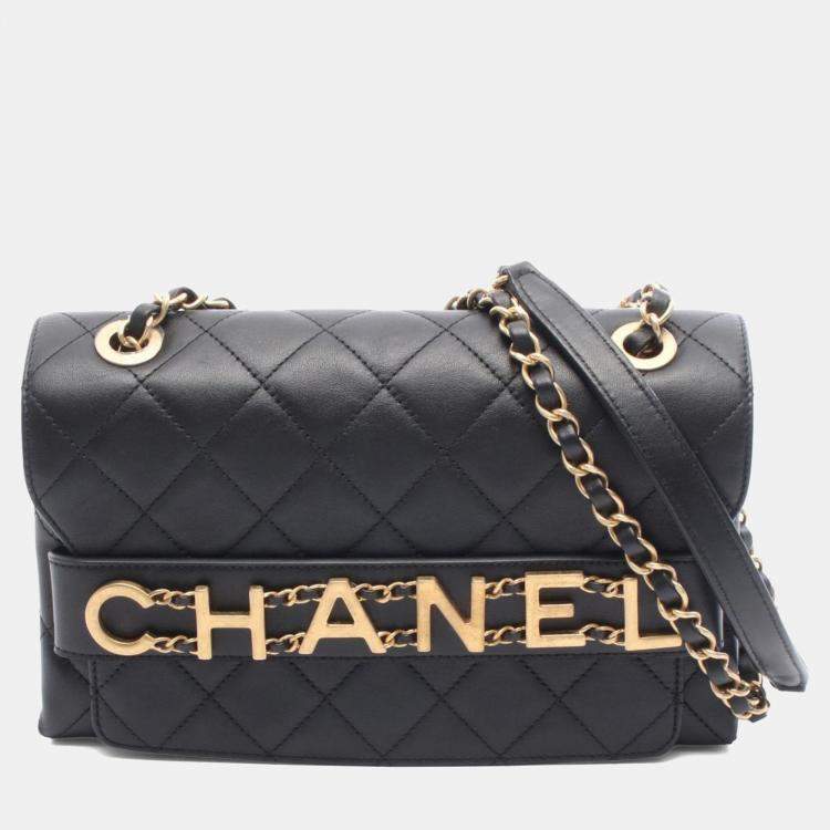 Pre Owned Chanel Matelasse Logo Shoulder Bag Lambskin Leather Black