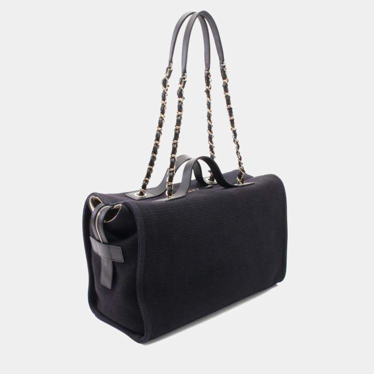 Pre Owned Chanel Deauville Shoulder Bag Canvas Leather Navy