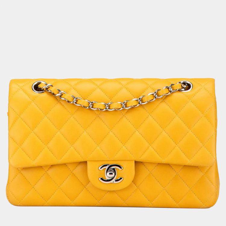 Pre Owned Chanel Matelasse Coco Mark Double Flap Chain Shoulder Bag In Yellow And Silver Lambskin