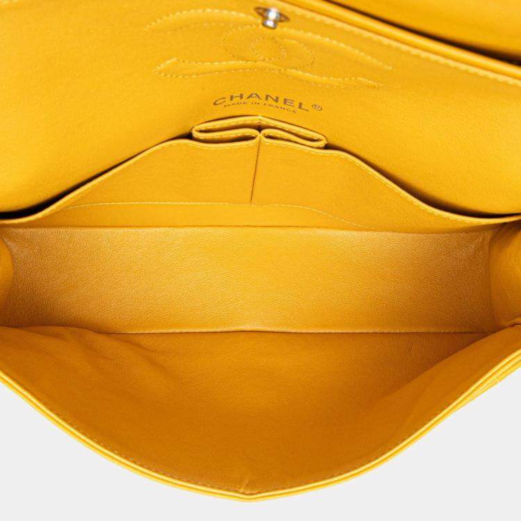 Pre Owned Chanel Matelasse Coco Mark Double Flap Chain Shoulder Bag In Yellow And Silver Lambskin