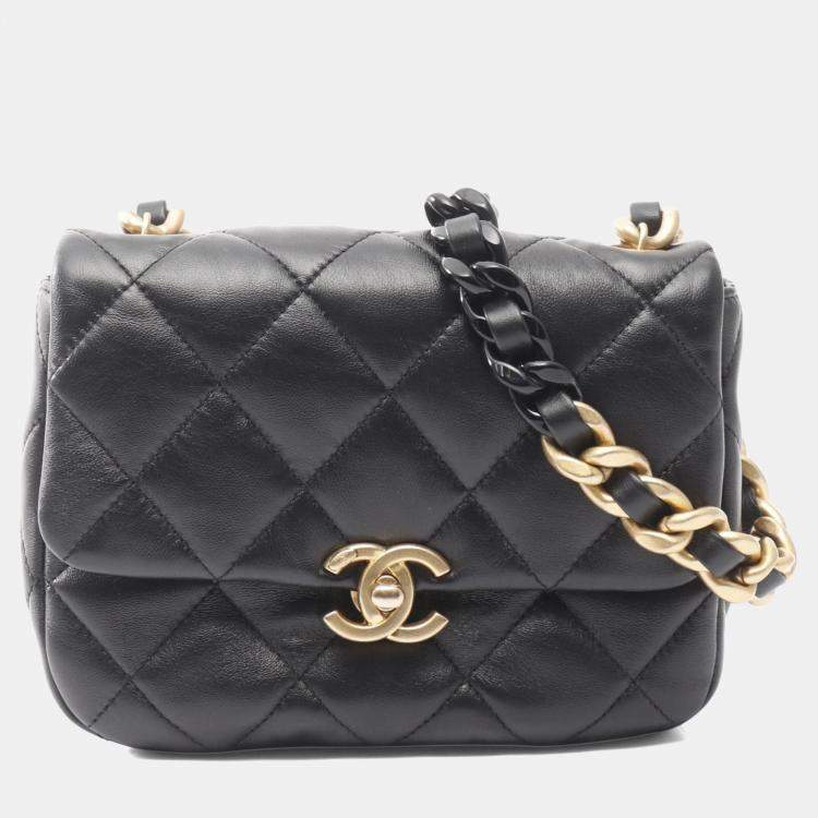 Pre Owned Chanel Mini Matelasse Shoulder Bag Lambskin Leather Black