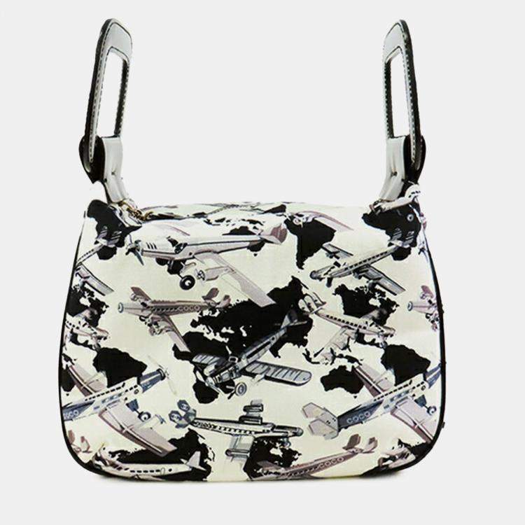 Pre Owned Chanel Black White Printed Canvas Coco Airline Handbag