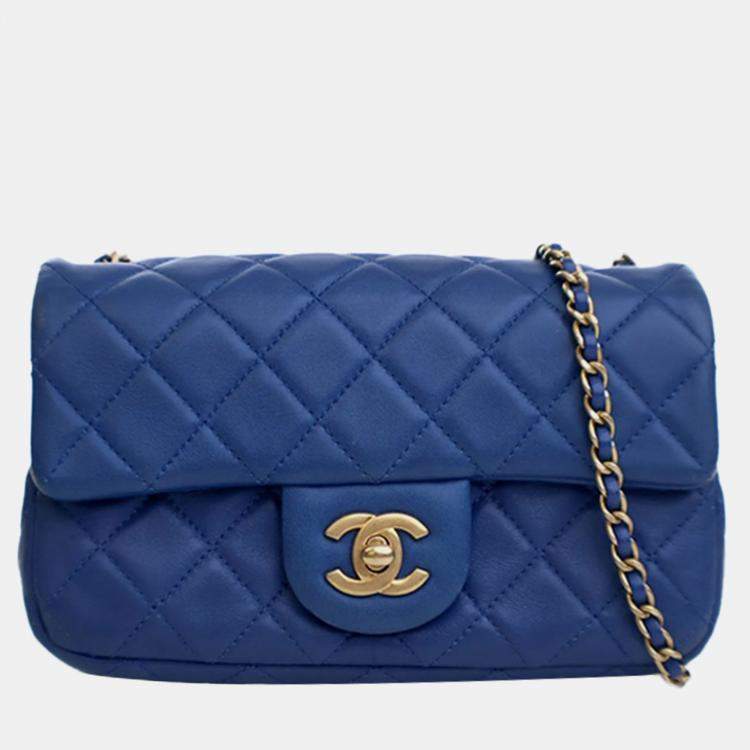 Pre Owned Chanel Blue Mini Rectangular Classic Lambskin Pearl Crush Single Flap