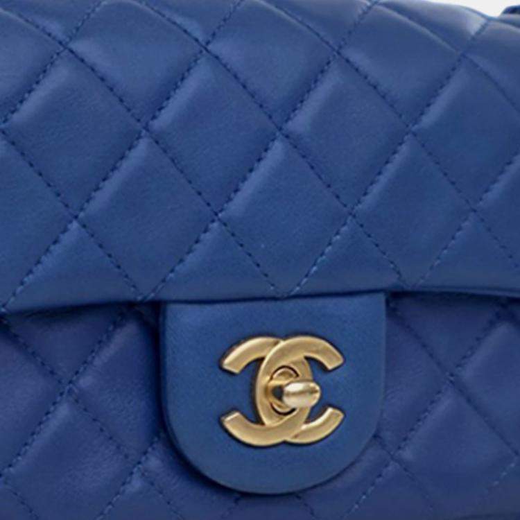 Pre Owned Chanel Blue Mini Rectangular Classic Lambskin Pearl Crush Single Flap