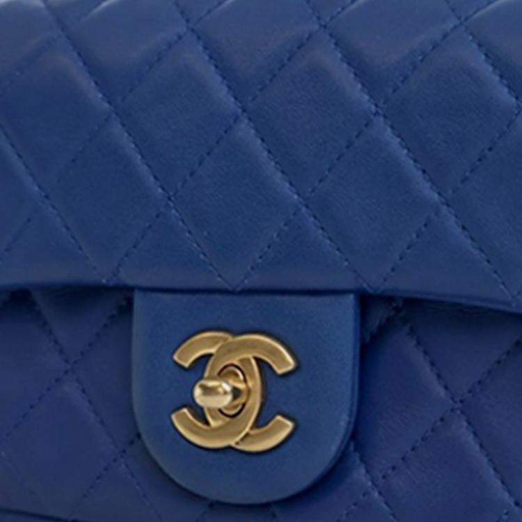 Pre Owned Chanel Blue Mini Rectangular Classic Lambskin Pearl Crush Single Flap