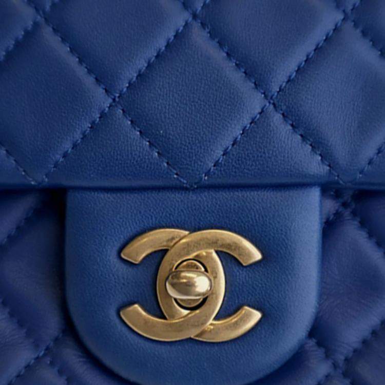 Pre Owned Chanel Blue Mini Rectangular Classic Lambskin Pearl Crush Single Flap