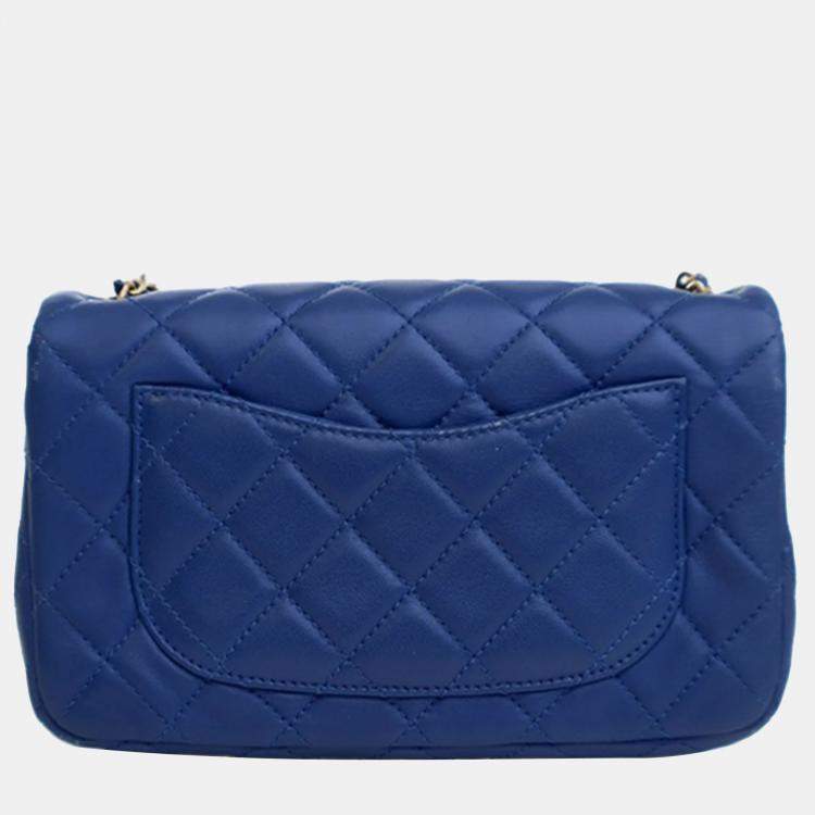 Pre Owned Chanel Blue Mini Rectangular Classic Lambskin Pearl Crush Single Flap