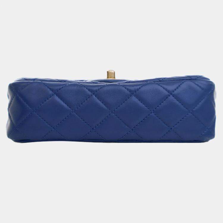 Pre Owned Chanel Blue Mini Rectangular Classic Lambskin Pearl Crush Single Flap