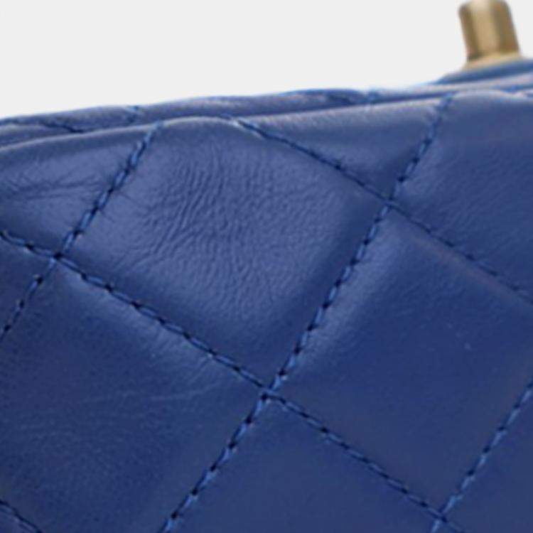 Pre Owned Chanel Blue Mini Rectangular Classic Lambskin Pearl Crush Single Flap