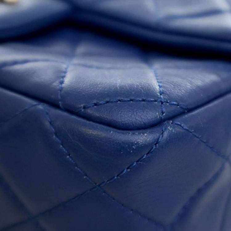 Pre Owned Chanel Blue Mini Rectangular Classic Lambskin Pearl Crush Single Flap