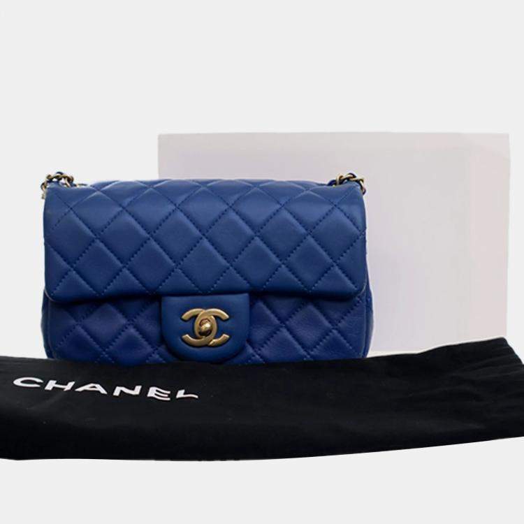Pre Owned Chanel Blue Mini Rectangular Classic Lambskin Pearl Crush Single Flap