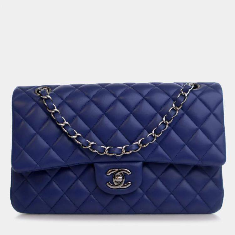 Pre Owned Chanel Blue Medium Classic Lambskin Double Flap