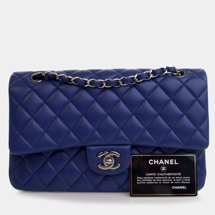 Pre Owned Chanel Blue Medium Classic Lambskin Double Flap