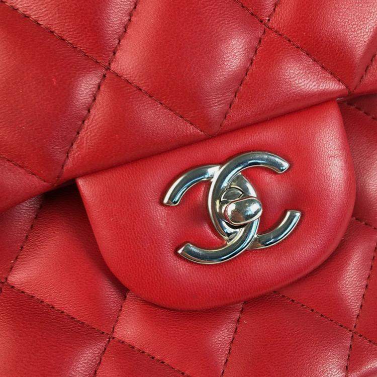 Pre Owned Chanel Red Jumbo Classic Lambskin Double Flap