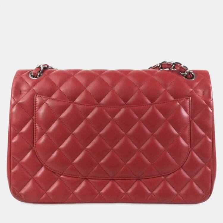 Pre Owned Chanel Red Jumbo Classic Lambskin Double Flap