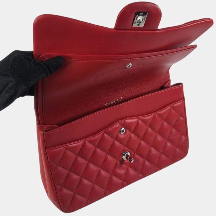 Pre Owned Chanel Red Jumbo Classic Lambskin Double Flap