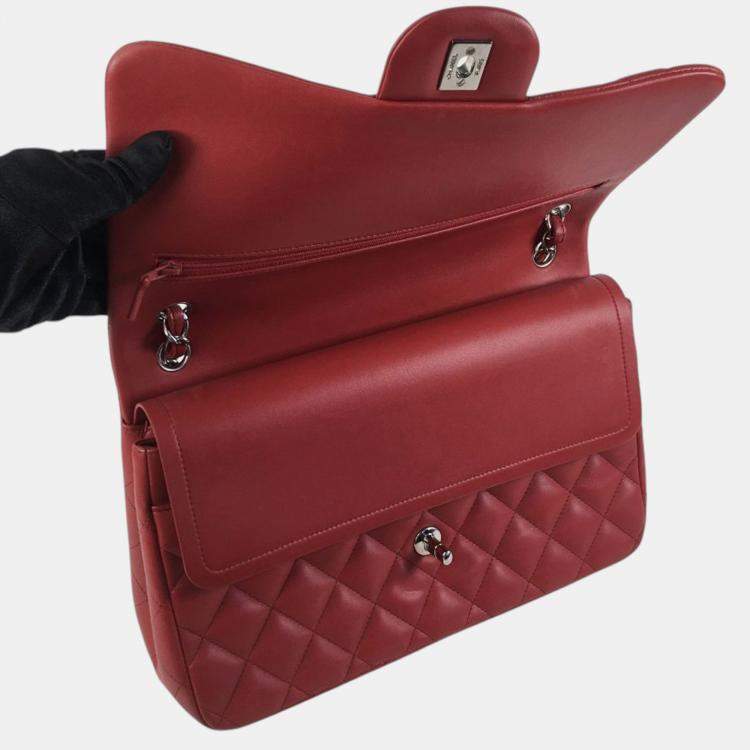 Pre Owned Chanel Red Jumbo Classic Lambskin Double Flap
