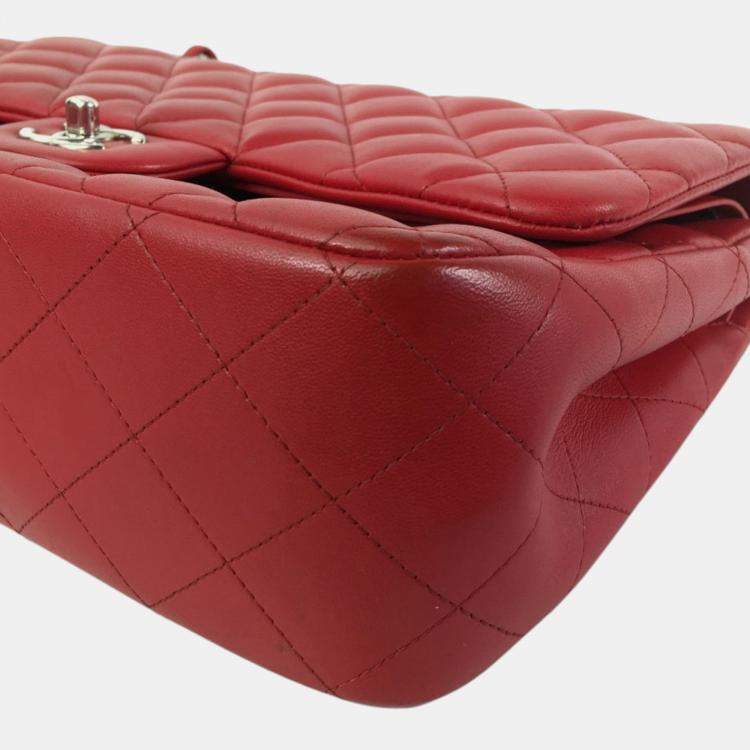 Pre Owned Chanel Red Jumbo Classic Lambskin Double Flap