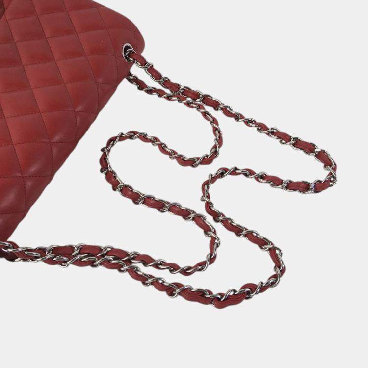 Pre Owned Chanel Red Jumbo Classic Lambskin Double Flap