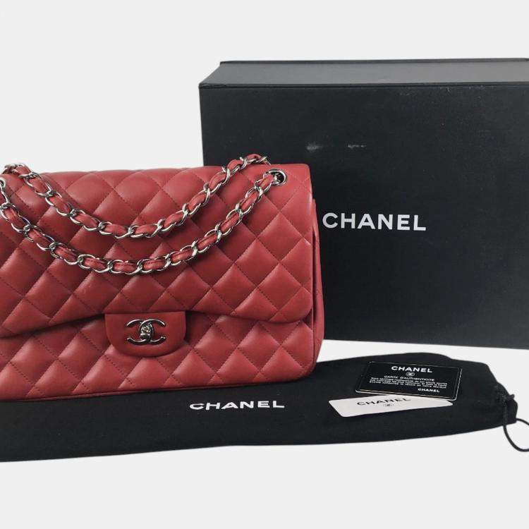Pre Owned Chanel Red Jumbo Classic Lambskin Double Flap