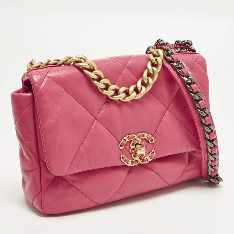 Pre Owned Chanel 19 Small Pink Quilted Leather Flap Bag