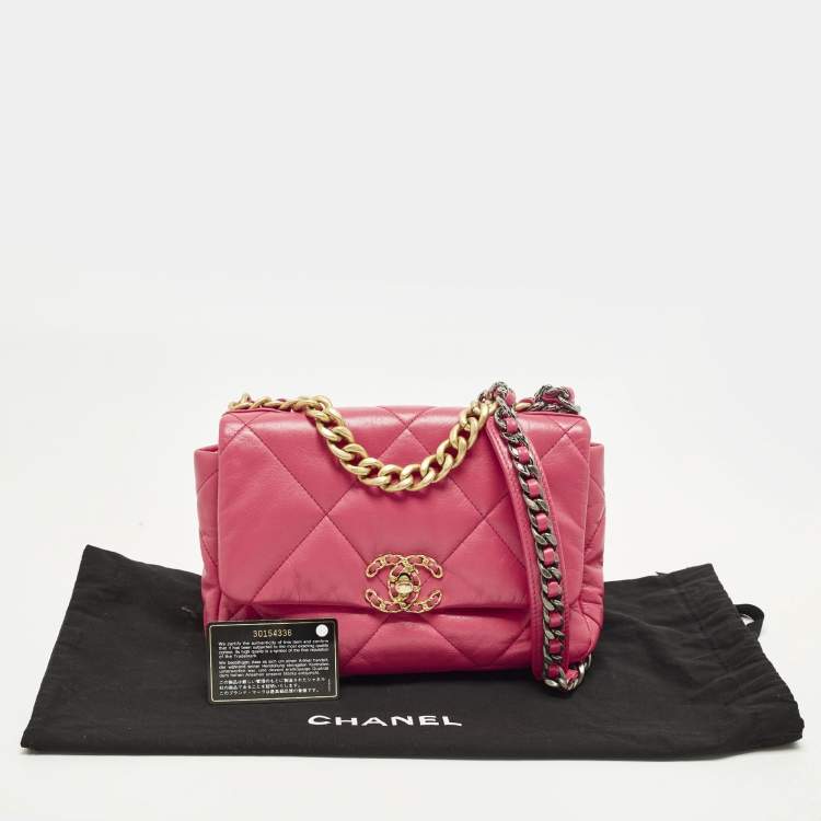 Pre Owned Chanel 19 Small Pink Quilted Leather Flap Bag