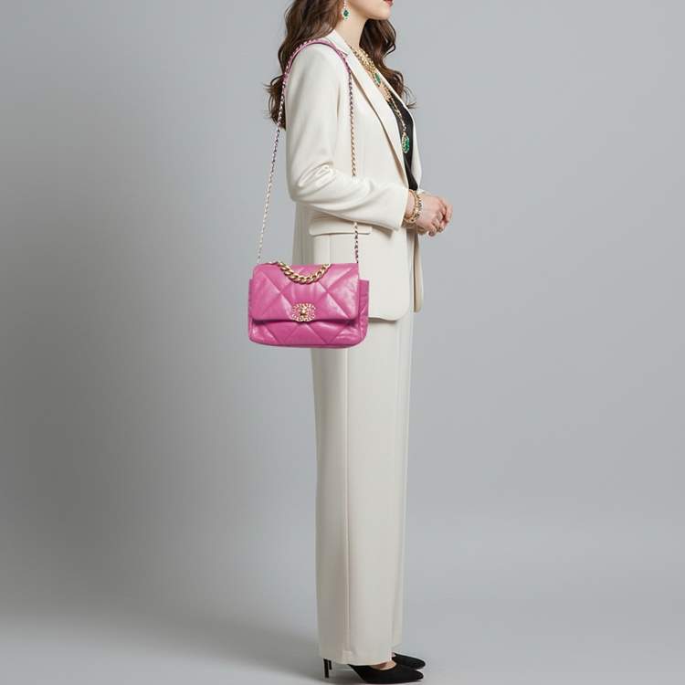 Pre Owned Chanel 19 Small Pink Quilted Leather Flap Bag