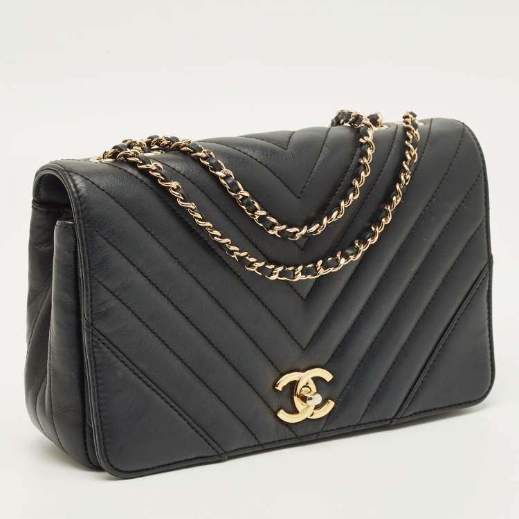 Pre Owned Chanel Statement Medium Black Chevron Leather Flap Bag