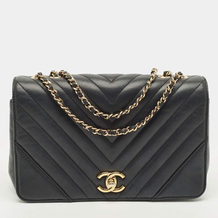 Pre Owned Chanel Statement Medium Black Chevron Leather Flap Bag