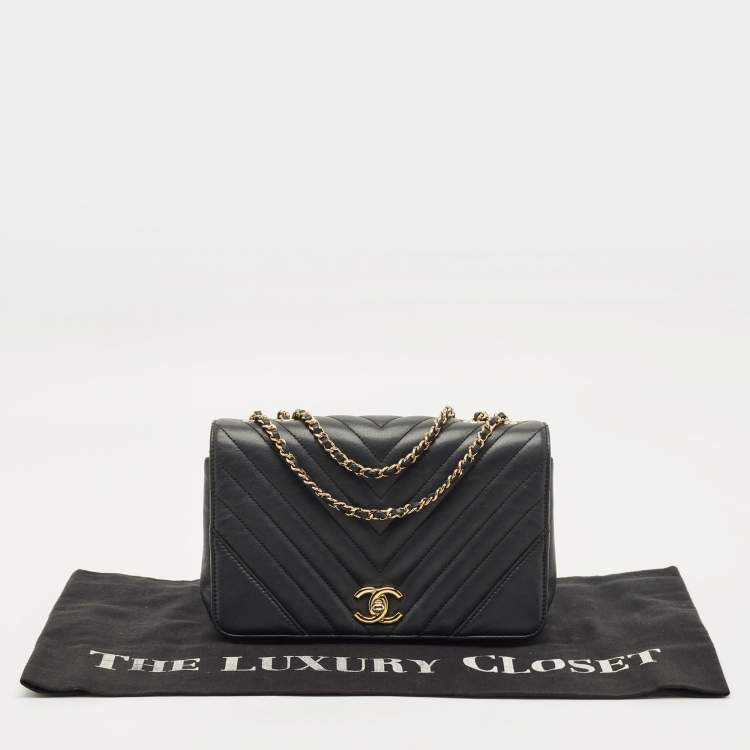 Pre Owned Chanel Statement Medium Black Chevron Leather Flap Bag