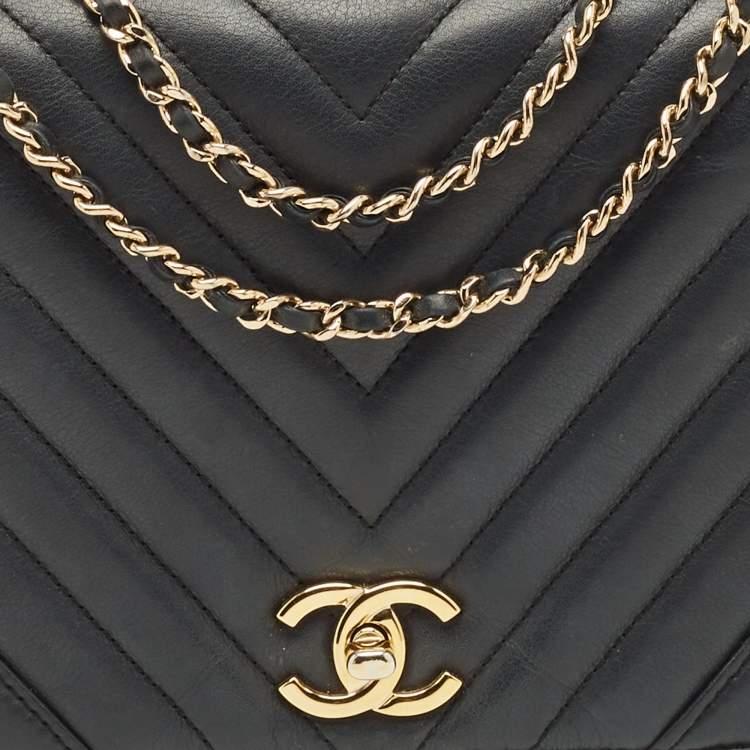 Pre Owned Chanel Statement Medium Black Chevron Leather Flap Bag