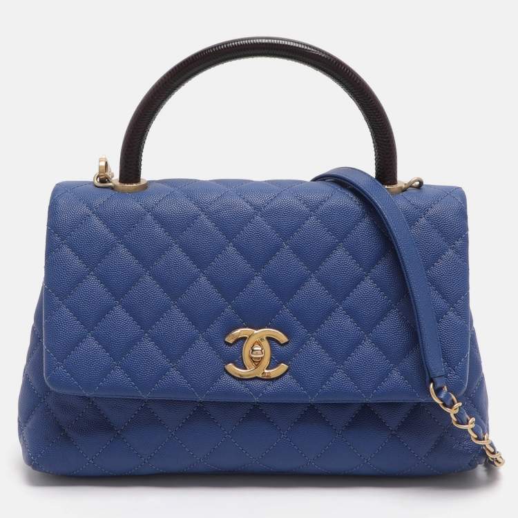 Pre Owned Chanel Coco Blue/Burgundy Quilted Caviar Leather and Lizard Embossed Top Handle Bag