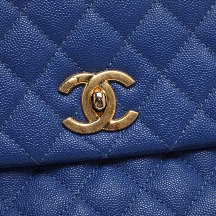 Pre Owned Chanel Coco Blue/Burgundy Quilted Caviar Leather and Lizard Embossed Top Handle Bag