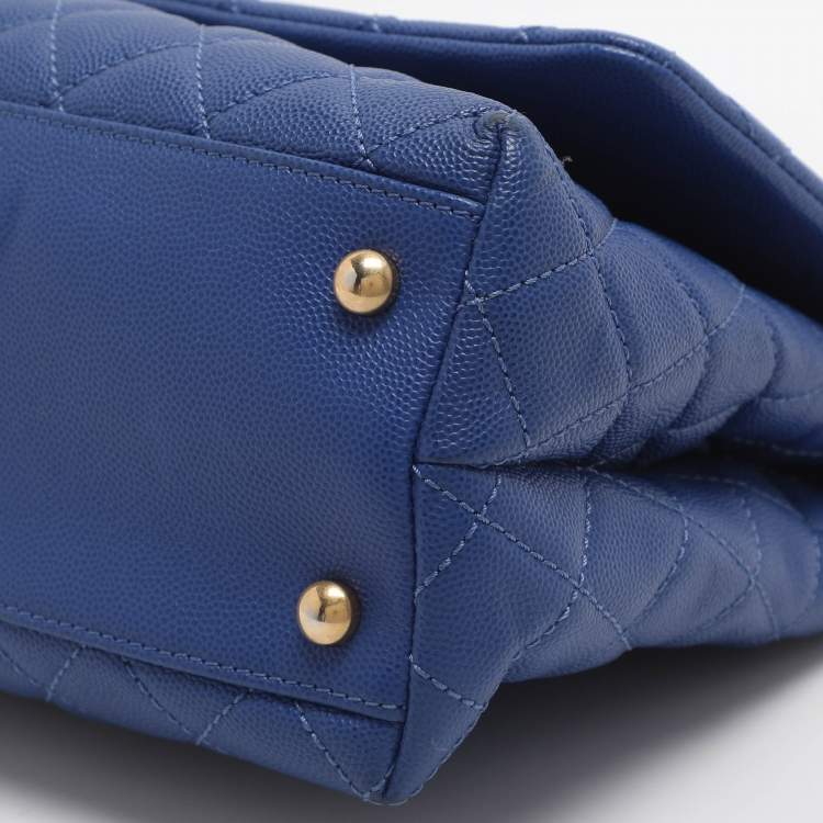 Pre Owned Chanel Coco Blue/Burgundy Quilted Caviar Leather and Lizard Embossed Top Handle Bag