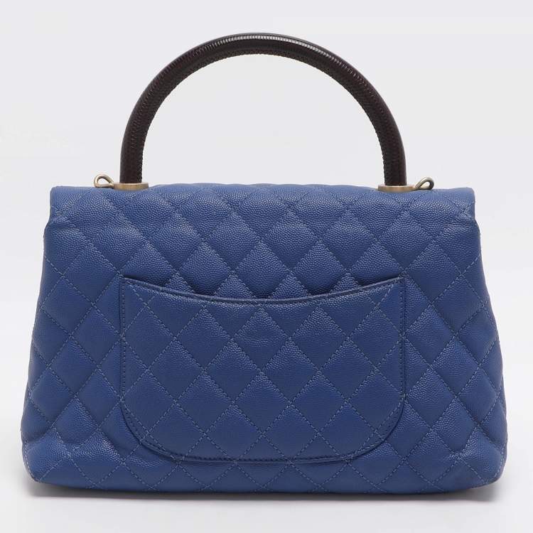 Pre Owned Chanel Coco Blue/Burgundy Quilted Caviar Leather and Lizard Embossed Top Handle Bag