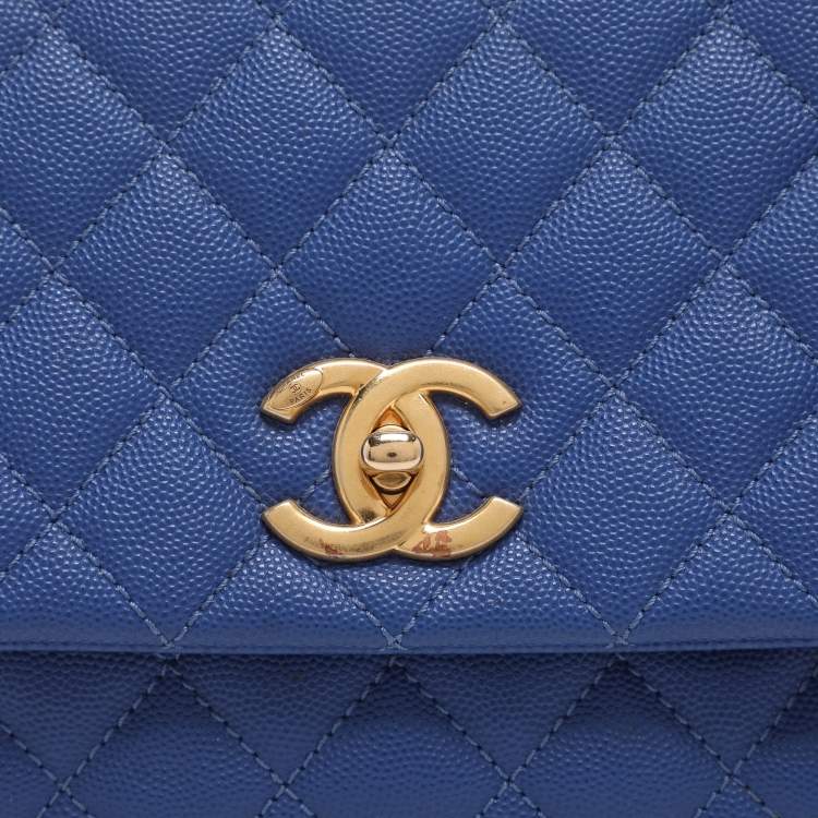 Pre Owned Chanel Coco Blue/Burgundy Quilted Caviar Leather and Lizard Embossed Top Handle Bag